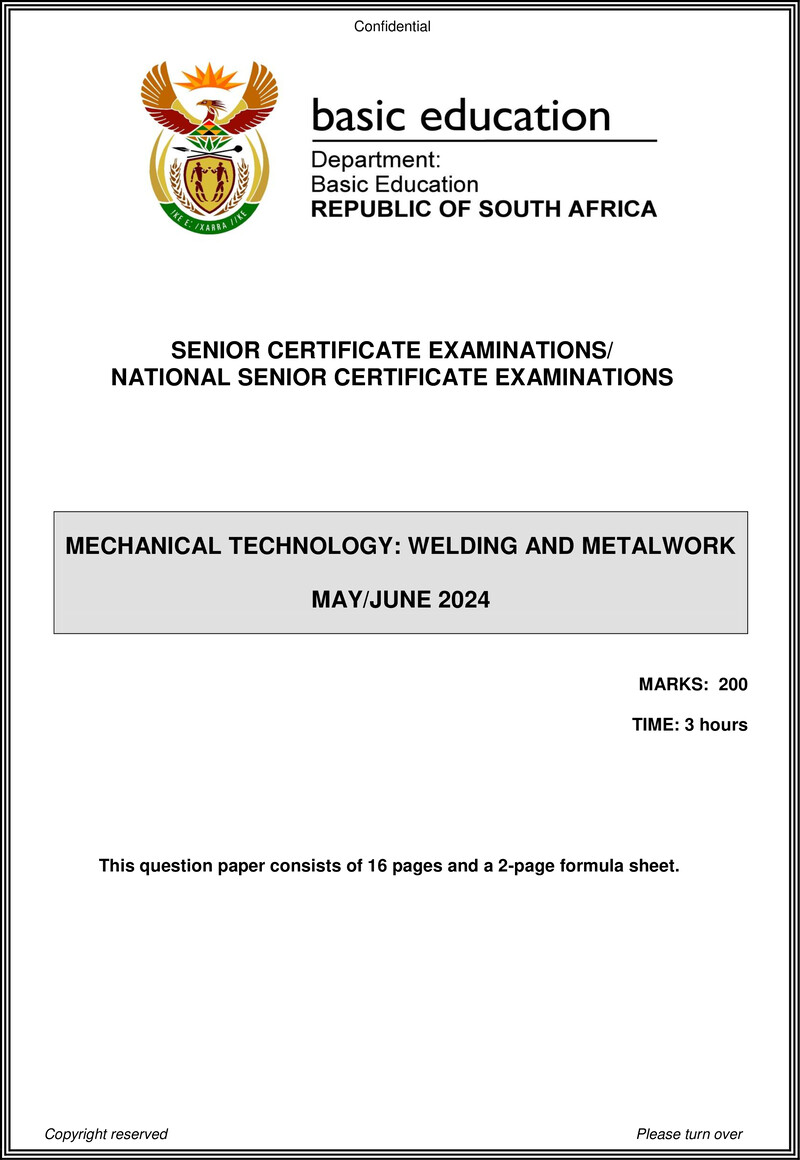 Grade 12 Mechanical Technology past paper 2024 – mechanical technology may june 2024 welding and metalwork eng gr12