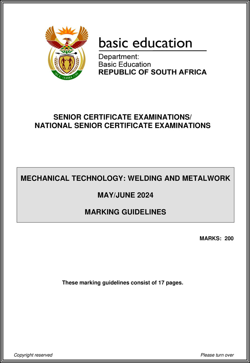 Grade 12 Mechanical Technology past paper 2024 – mechanical technology may june 2024 welding and metalwork mg eng gr12
