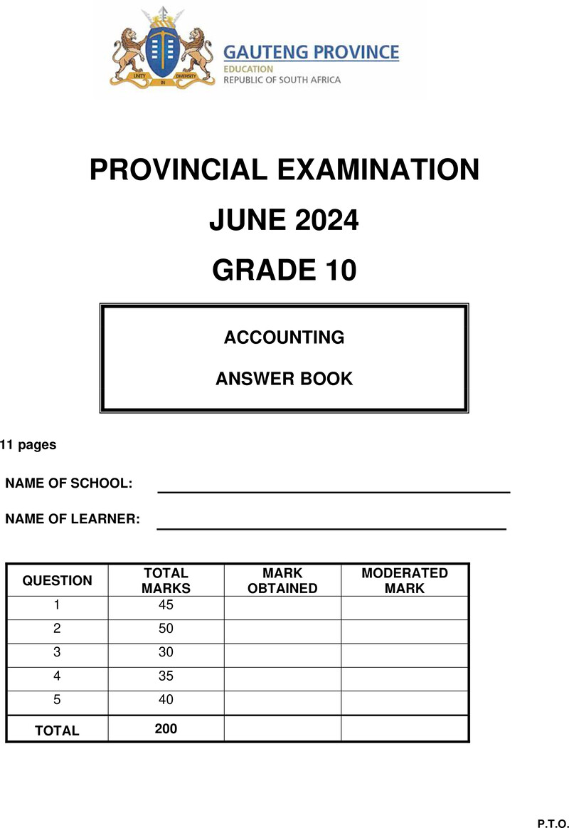 Grade 10 Accounting past paper 2024 – grade 10 provincial exam accounting ng june 2024 answer book 1