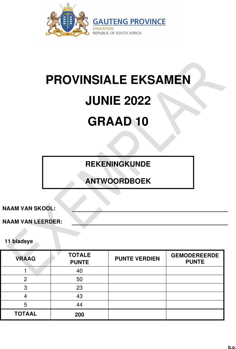 Grade 10 Accounting past paper 2022 – grade 10 provincial exam accounting p1 afikaans june 2022 answer book