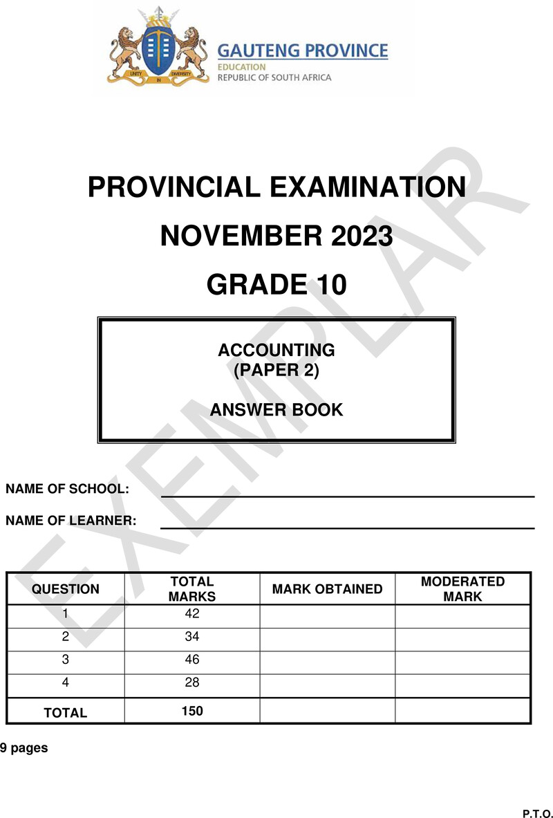 Grade 10 Accounting past paper 2023 – grade 10 provincial exam accounting p2 ng november 2023 answer book