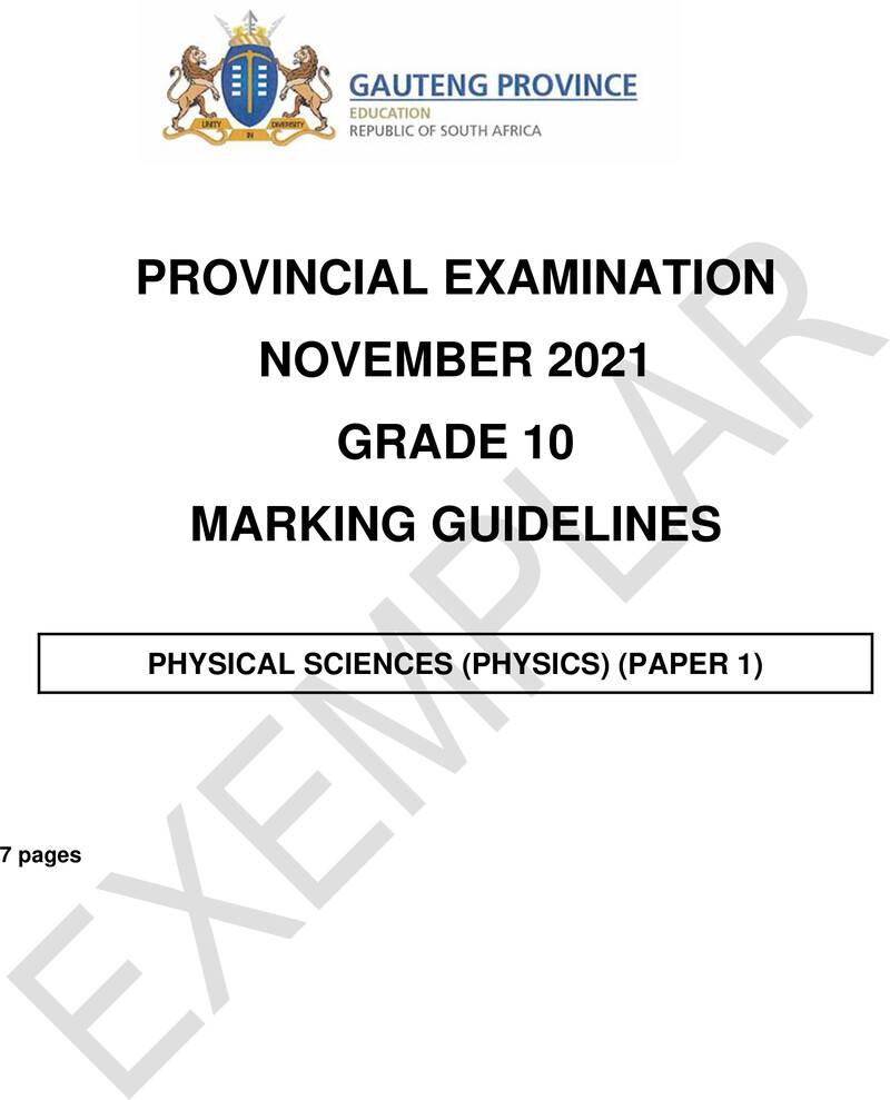 Grade 10 Physical Sciences past paper 2021 – grade 10 provincial exam physical sciences p1 ng november 2021 possible answers