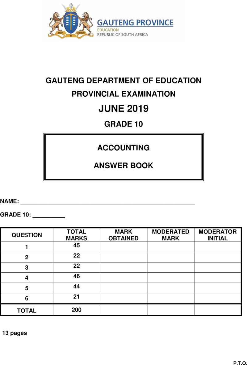 Grade 10 Accounting past paper 2019 – grade 10 provincial exam accounting ng june 2019 answer book