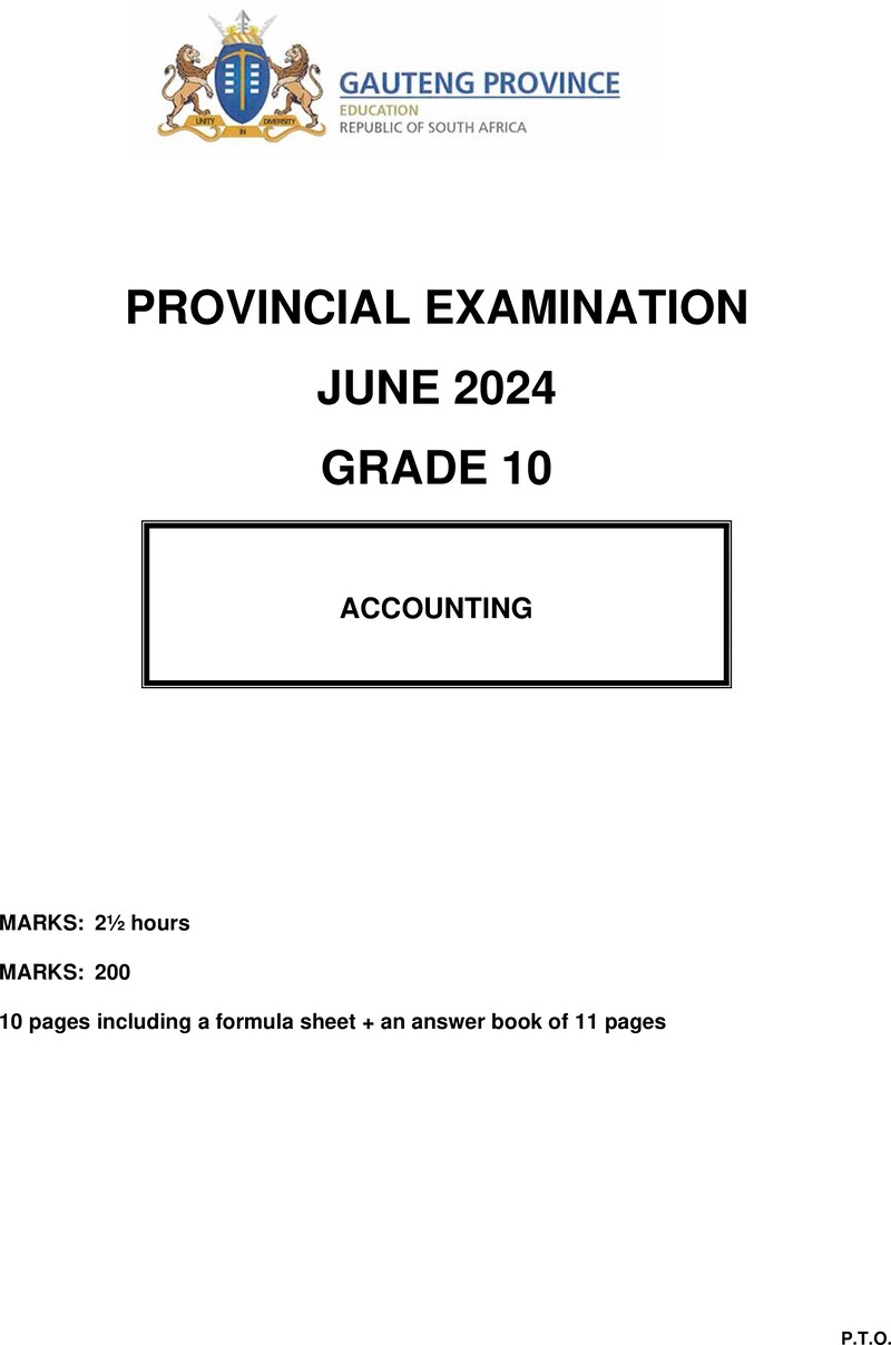 Grade 10 Accounting past paper 2024 – grade 10 provincial exam accounting p1 ng june 2024 qp