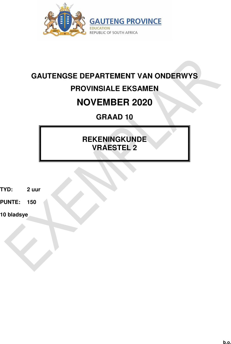 Grade 10 Accounting past paper 2020 – grade 10 provincial exam accounting p2 afr 2020 exemplars qp