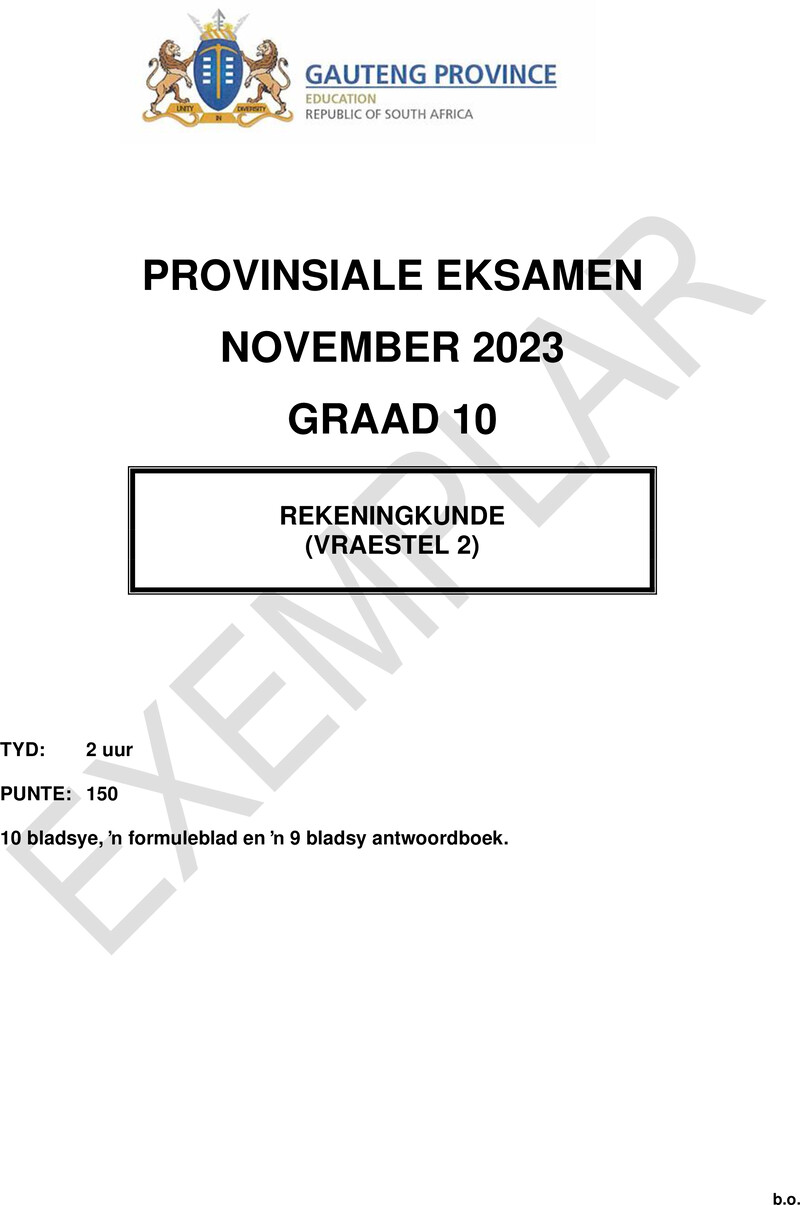 Grade 10 Accounting past paper 2023 – grade 10 provincial exam accounting p2 afr november 2023 qp