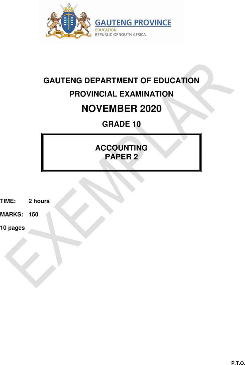 Grade 10 Accounting past paper 2020 – grade 10 provincial exam accounting p2 ng 2020 exemplars qp