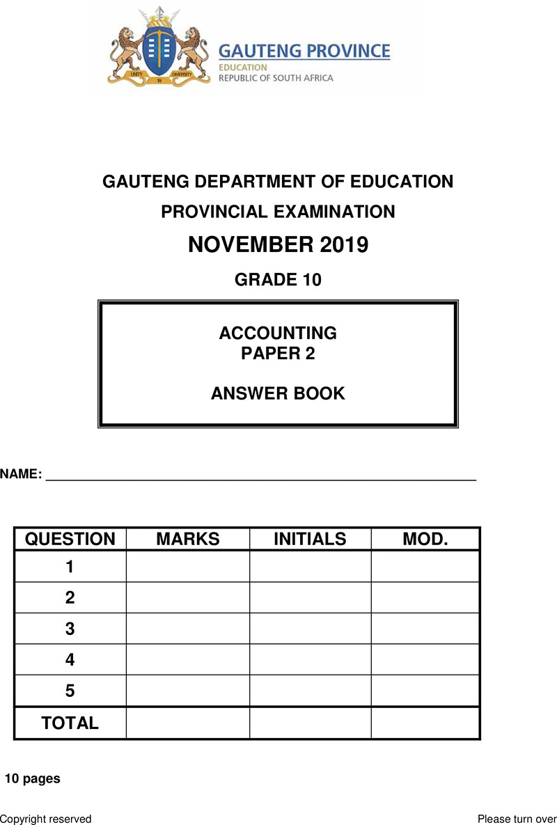 Grade 10 Accounting past paper 2019 – grade 10 provincial exam accounting p2 ng november 2019 answer book