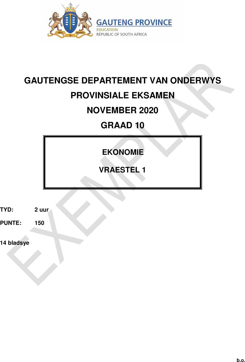 Grade 10 Provincial Exam Economics P1 Afr 2020 Exemplars QP