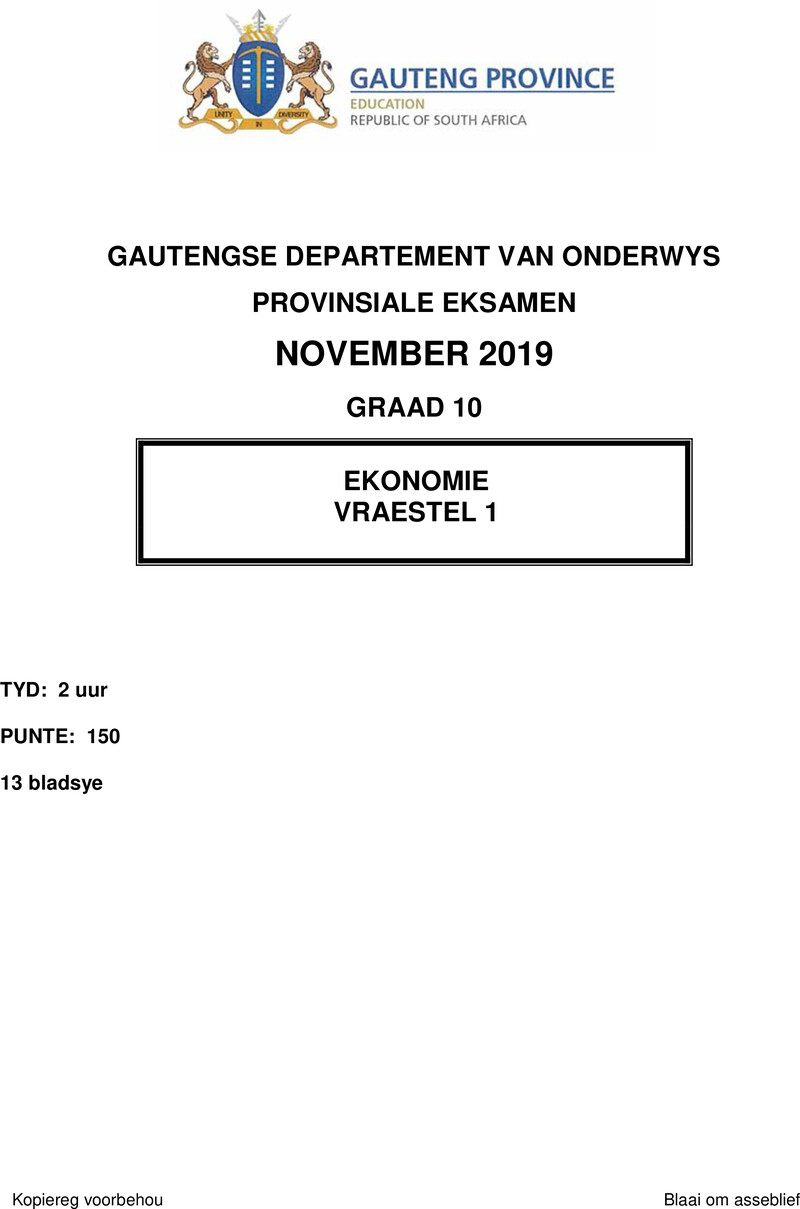 Grade 10 Provincial Exam Economics P1 Afr QP