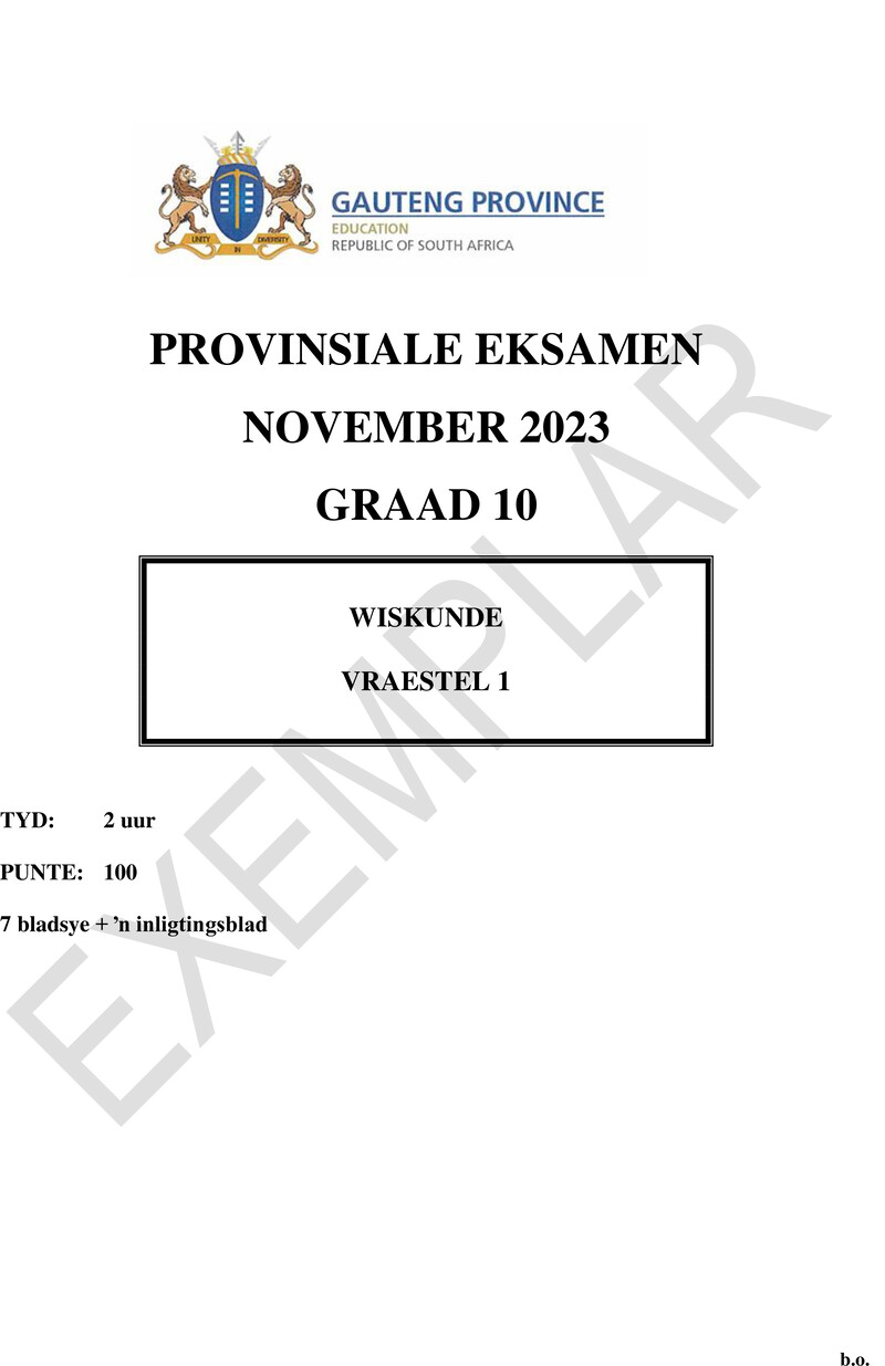 Grade 10 Mathematics past paper 2023 – grade 10 provincial exam mathematics p1 afr november 2023 qp