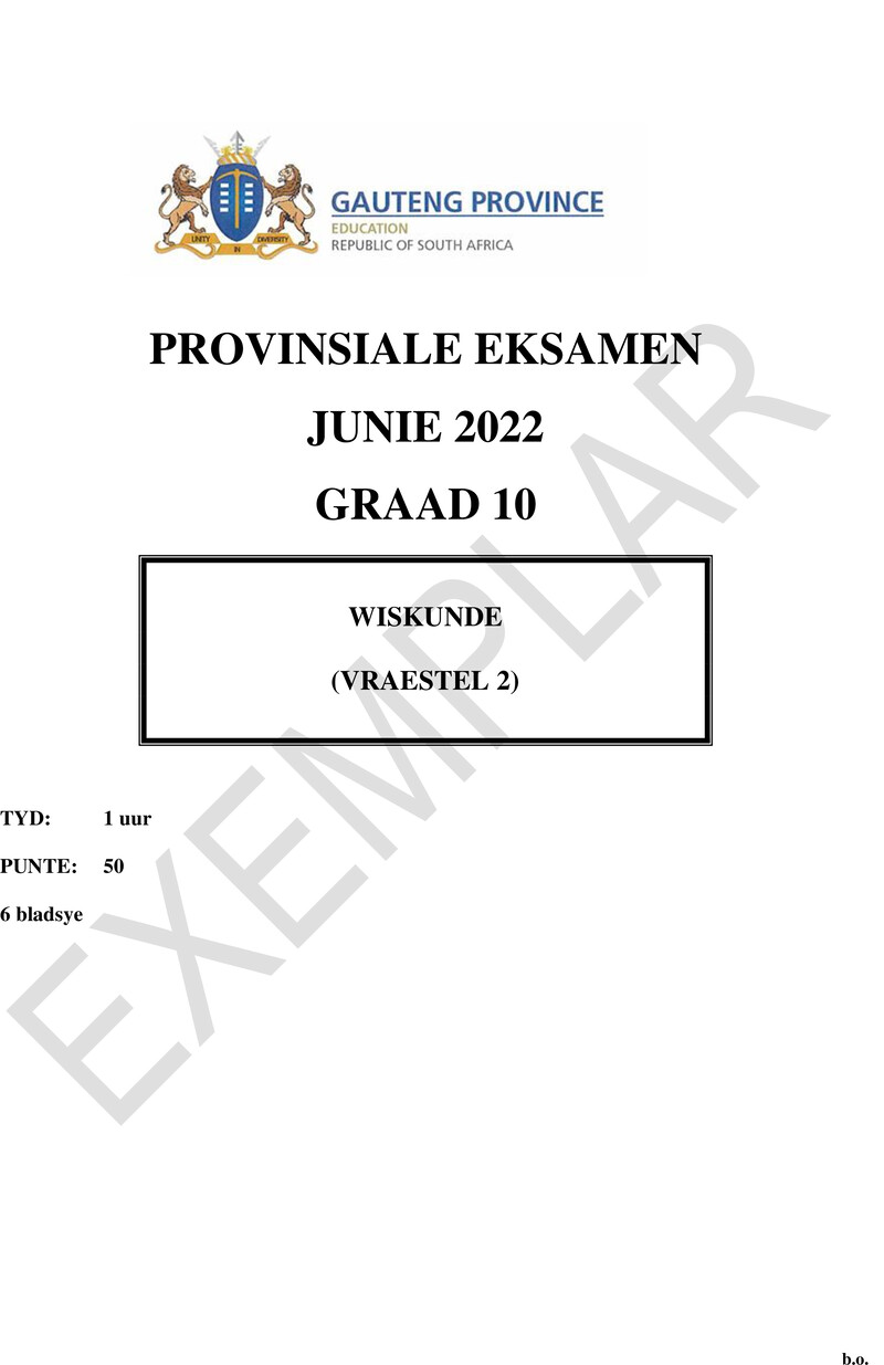 Grade 10 Provincial Exam Mathematics P2 Afr June 2022 QP