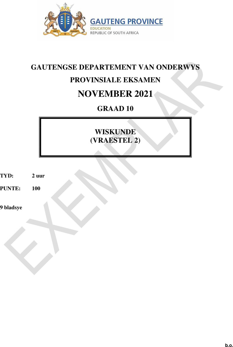 Grade 10 Mathematics past paper 2021 – grade 10 provincial exam mathematics p2 afr november 2021 qp