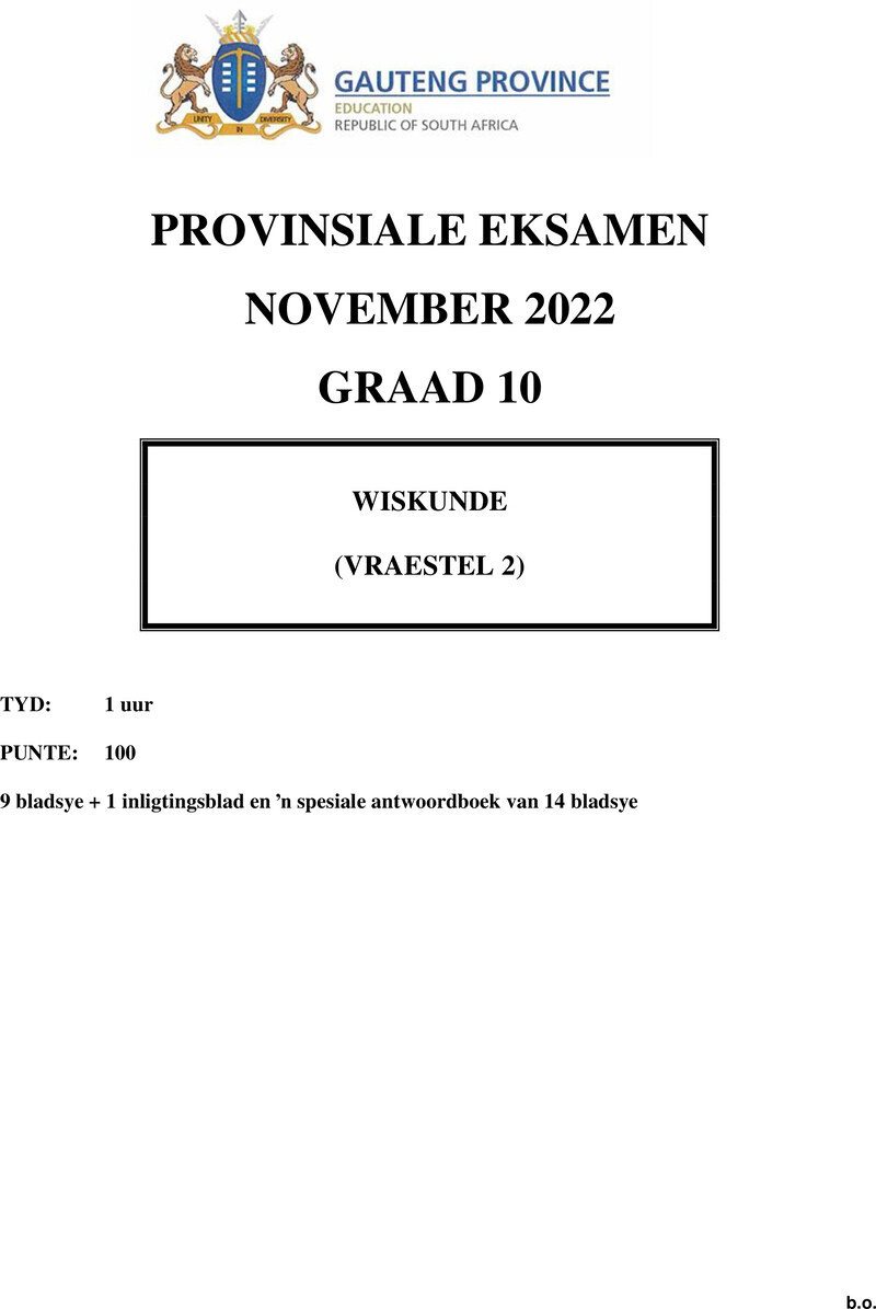 Grade 10 Mathematics past paper 2022 – grade 10 provincial exam mathematics p2 afr november 2022 qp