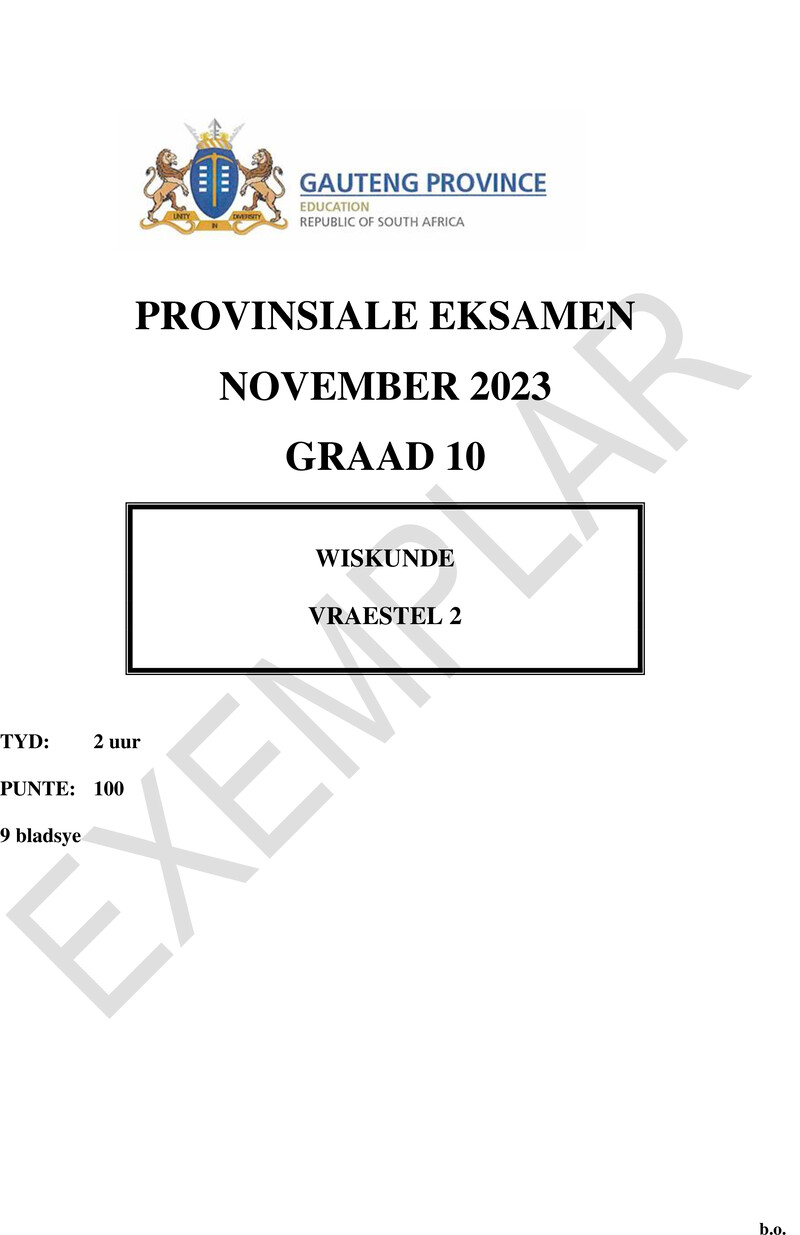 Grade 10 Mathematics past paper 2023 – grade 10 provincial exam mathematics p2 afr november 2023 qp