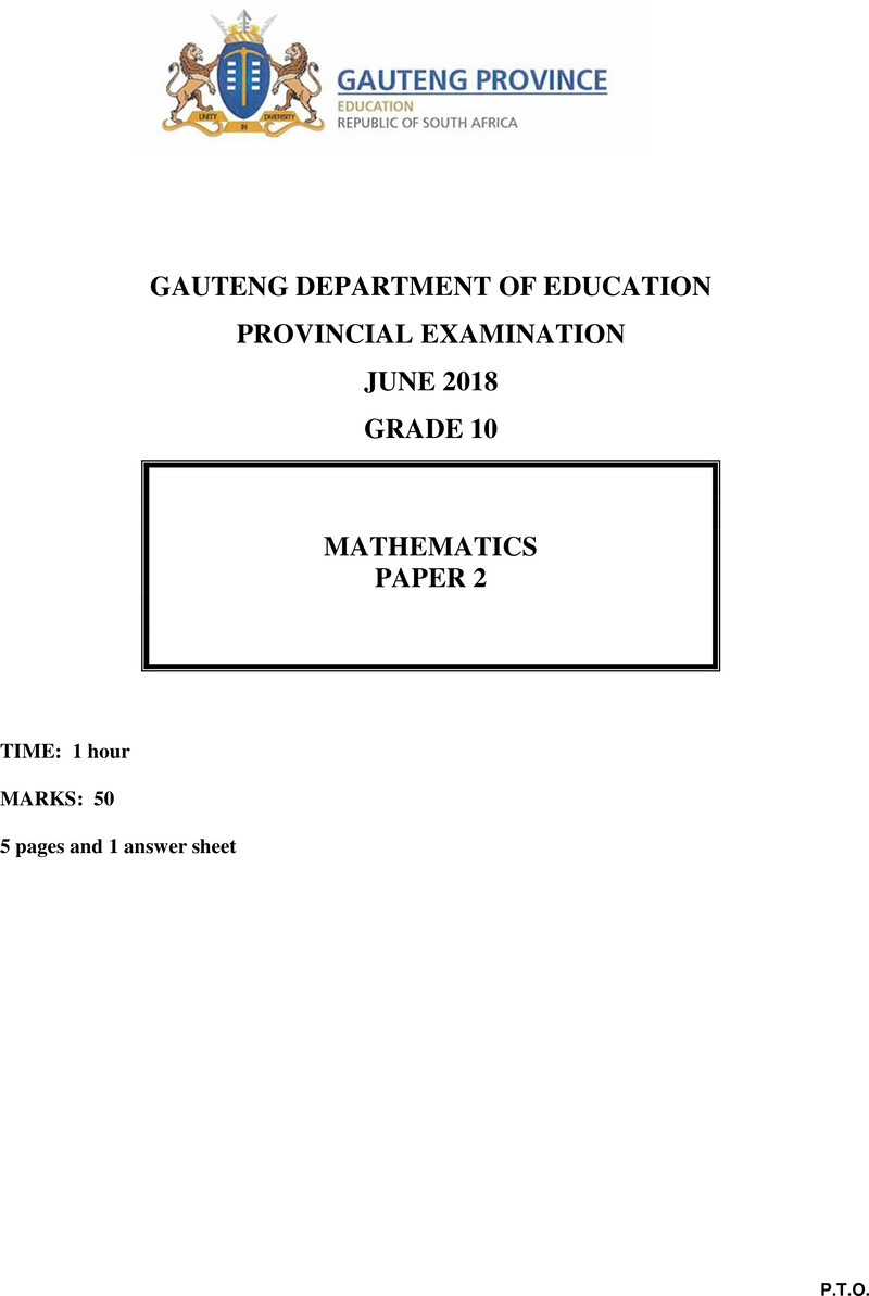 Grade 10 Provincial Exam Mathematics P2 Ng June 2018 QP