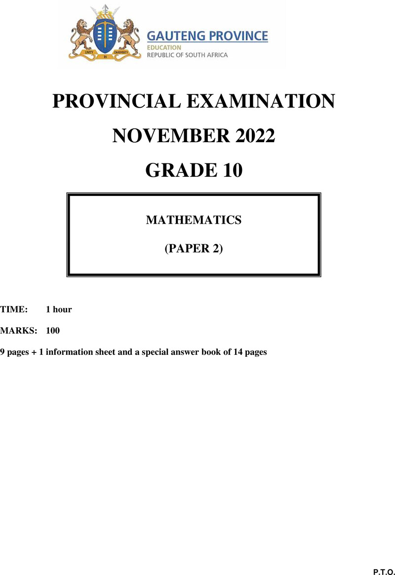 Grade 10 Provincial Exam Mathematics P2 Ng November 2022 QP