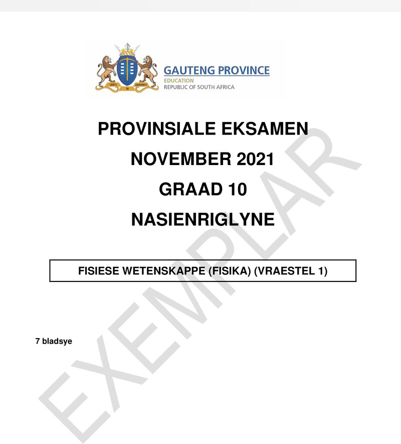Grade 10 Physical Sciences past paper 2021 – grade 10 provincial exam physical sciences p1 afr november 2021 qp