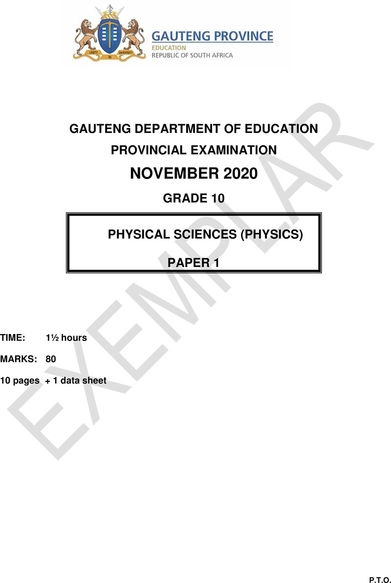 Grade 10 Physical Sciences past paper 2020 – grade 10 provincial exam physical sciences p1 ng 2020 exemplars qp