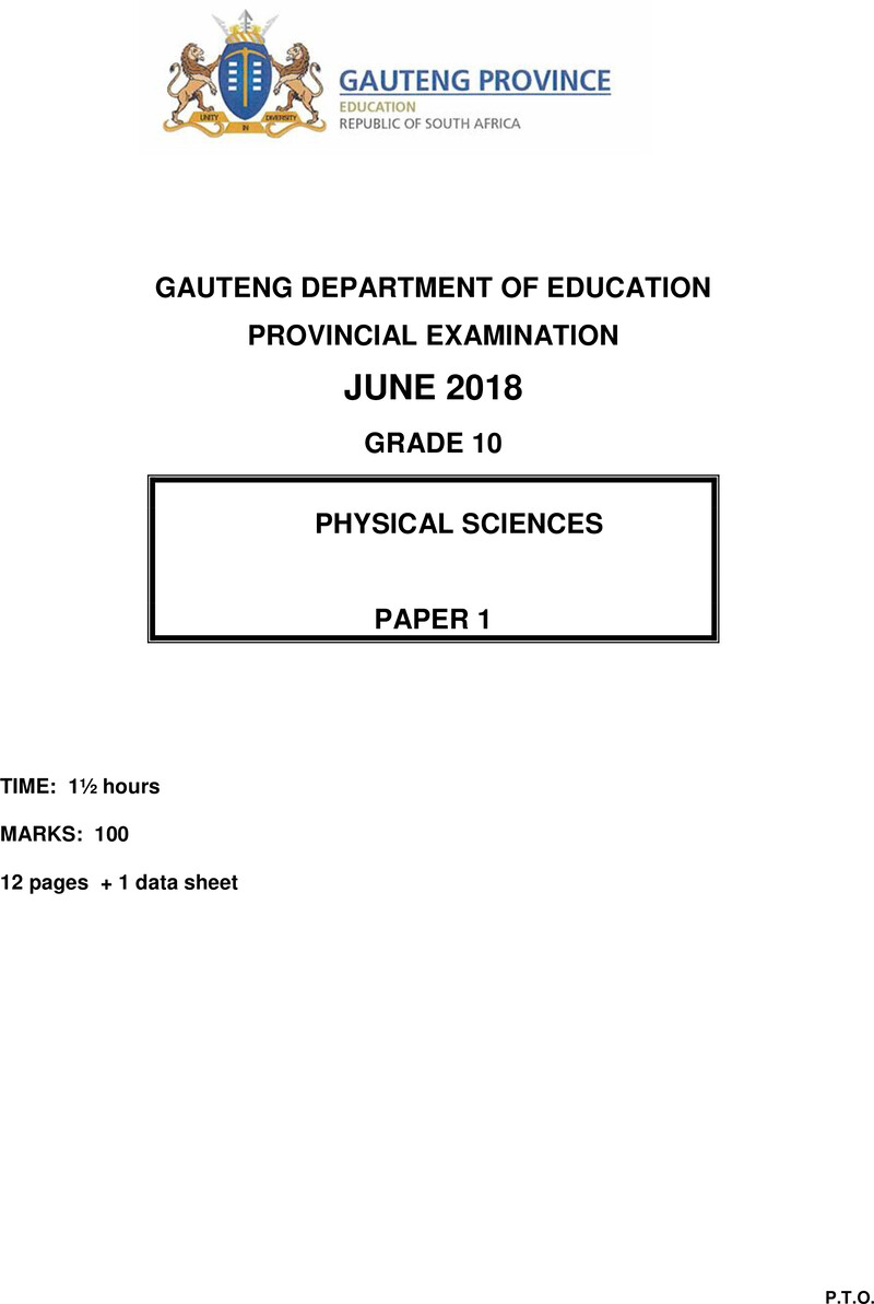 Grade 10 Physical Sciences past paper 2018 – grade 10 provincial exam physical sciences p1 ng june 2018 qp