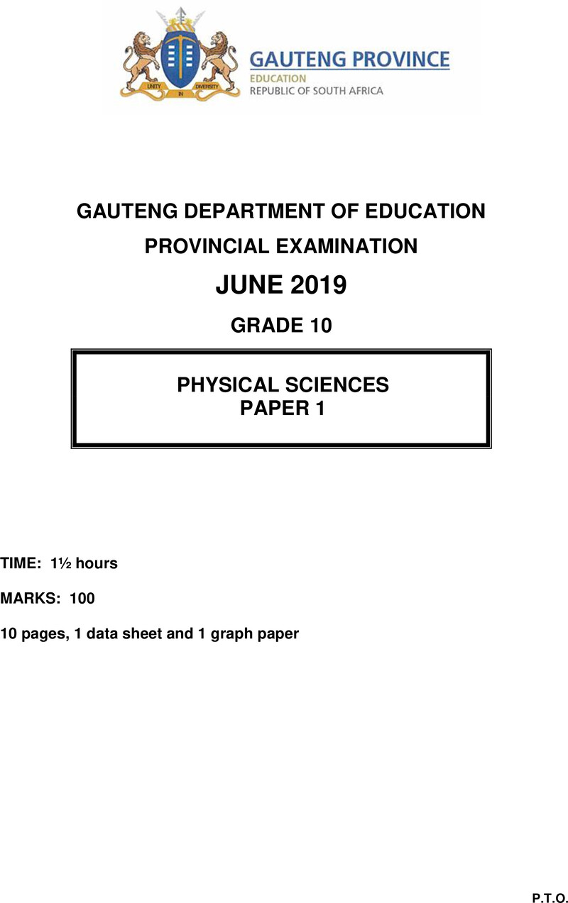 Grade 10 Physical Sciences past paper 2019 – grade 10 provincial exam physical sciences p1 ng june 2019 qp