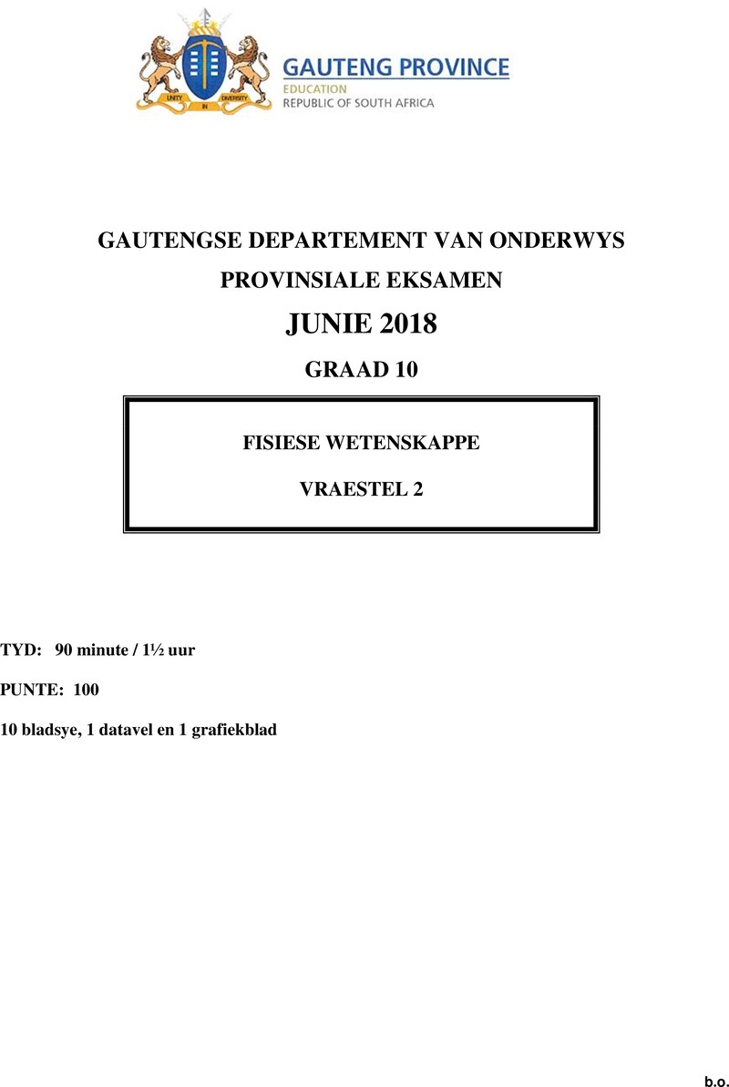 Grade 10 Provincial Exam Physical Sciences P2 Afr June 2018 QP