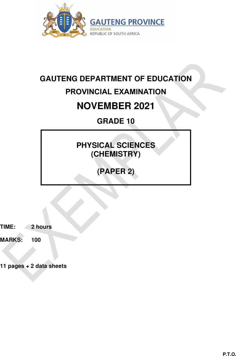 Grade 10 Provincial Exam Physical Sciences P2 Ng November 2021 QP