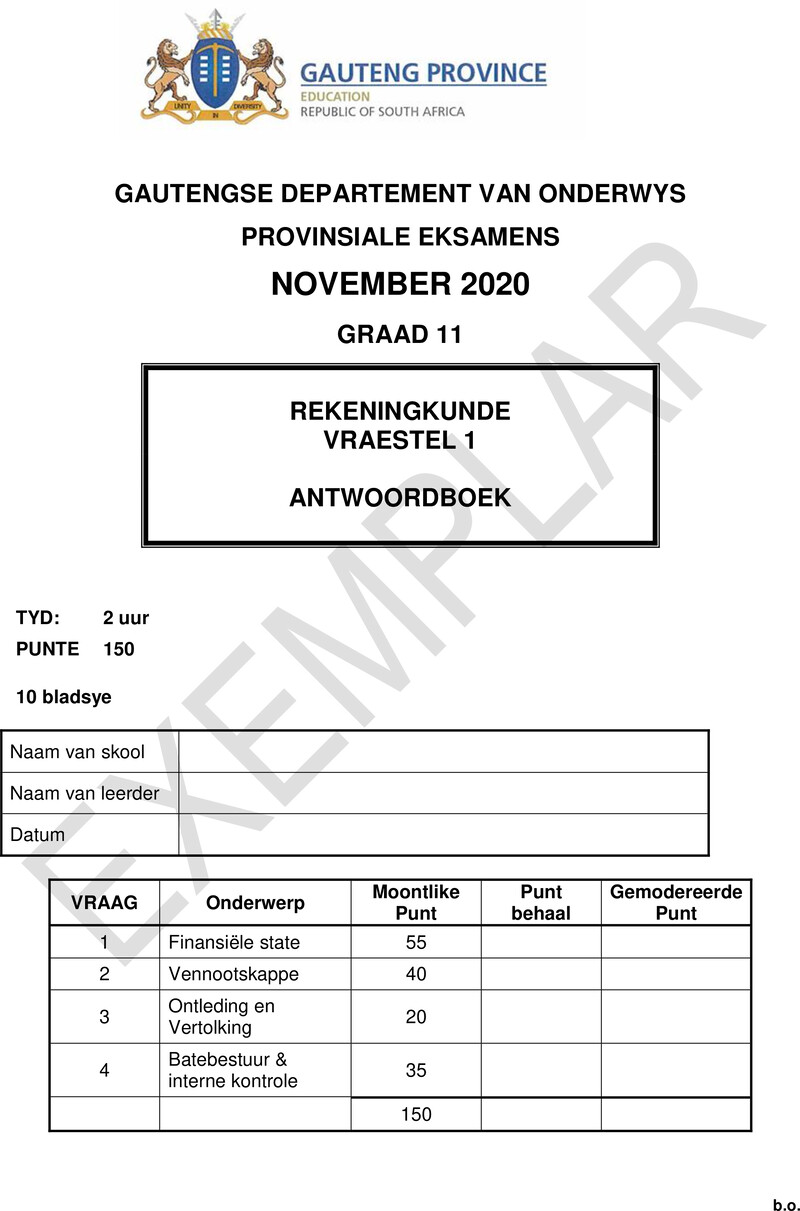 Grade 11 Accounting past paper 2020 – grade 11 provincial exam accounting p1 afr 2020 exemplars answer book
