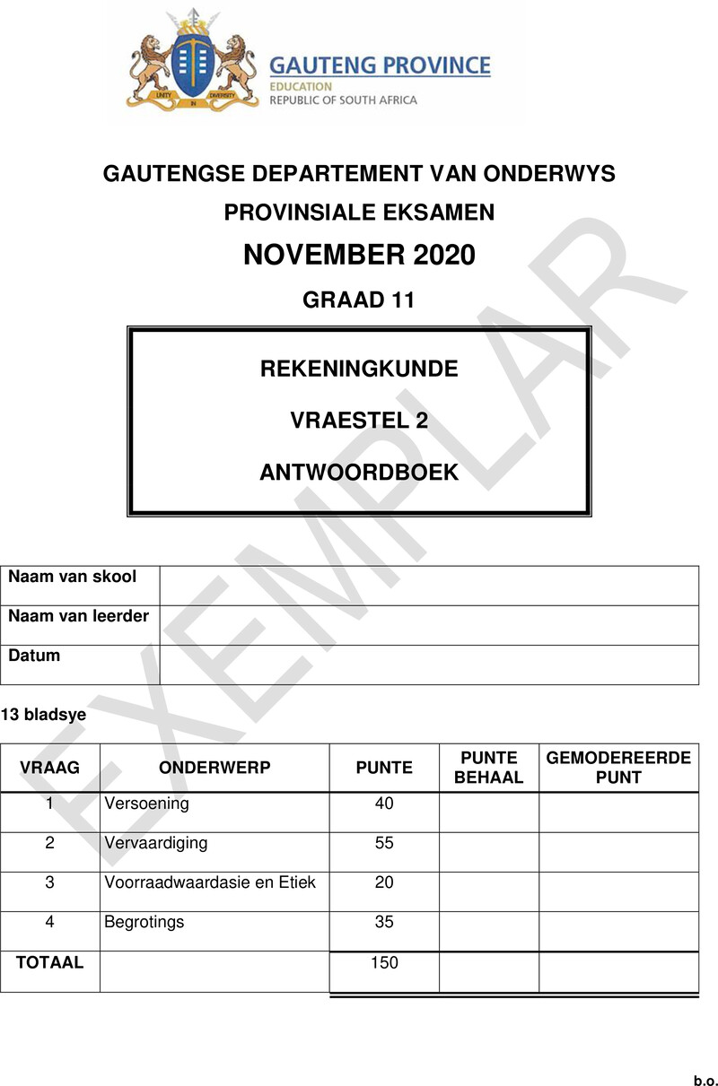 Grade 11 Accounting past paper 2020 – grade 11 provincial exam accounting p2 afr 2020 exemplars answer book