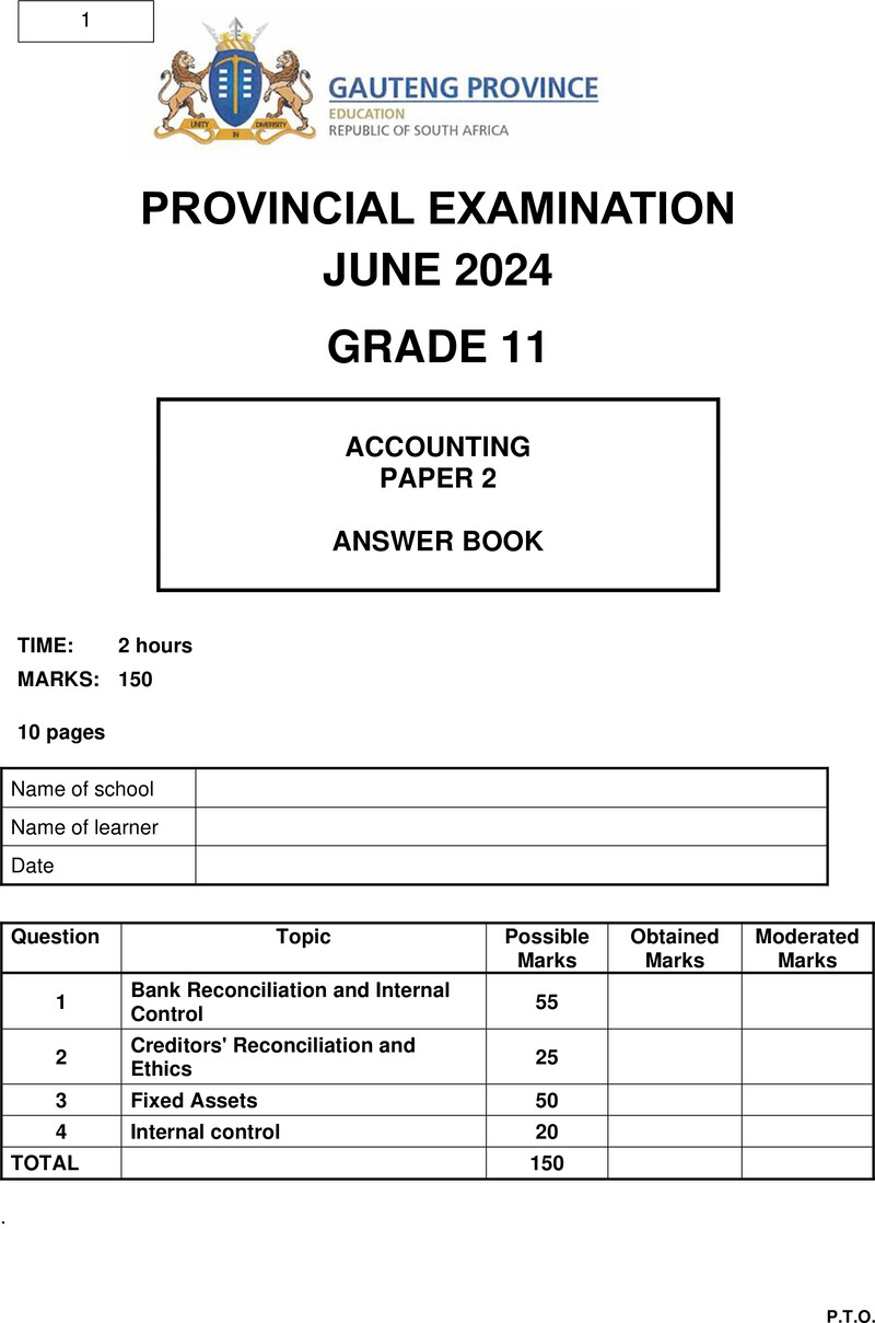 Grade 11 Provincial Exam Accounting P2 Ng June 2024 Answer Book