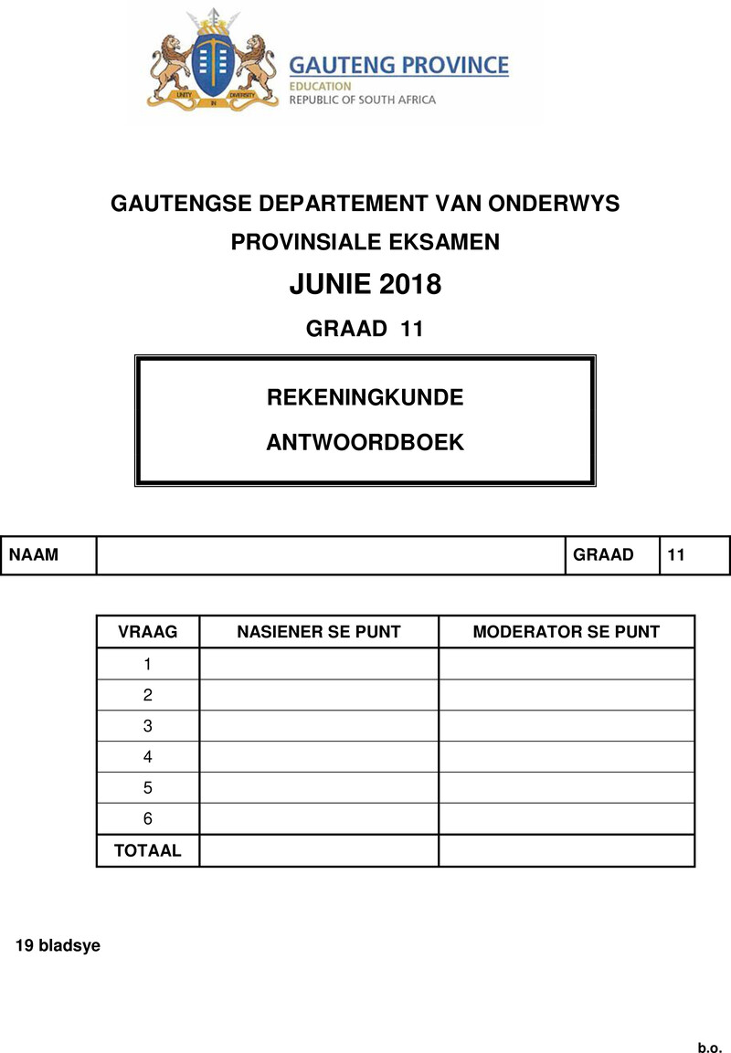 Grade 11 Provincial Exam Accounting Afr June 2018 QP Answer Book