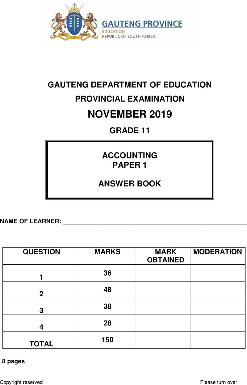 Grade 11 Accounting past paper 2019 – grade 11 provincial exam accounting p1 ng november 2019 answer book