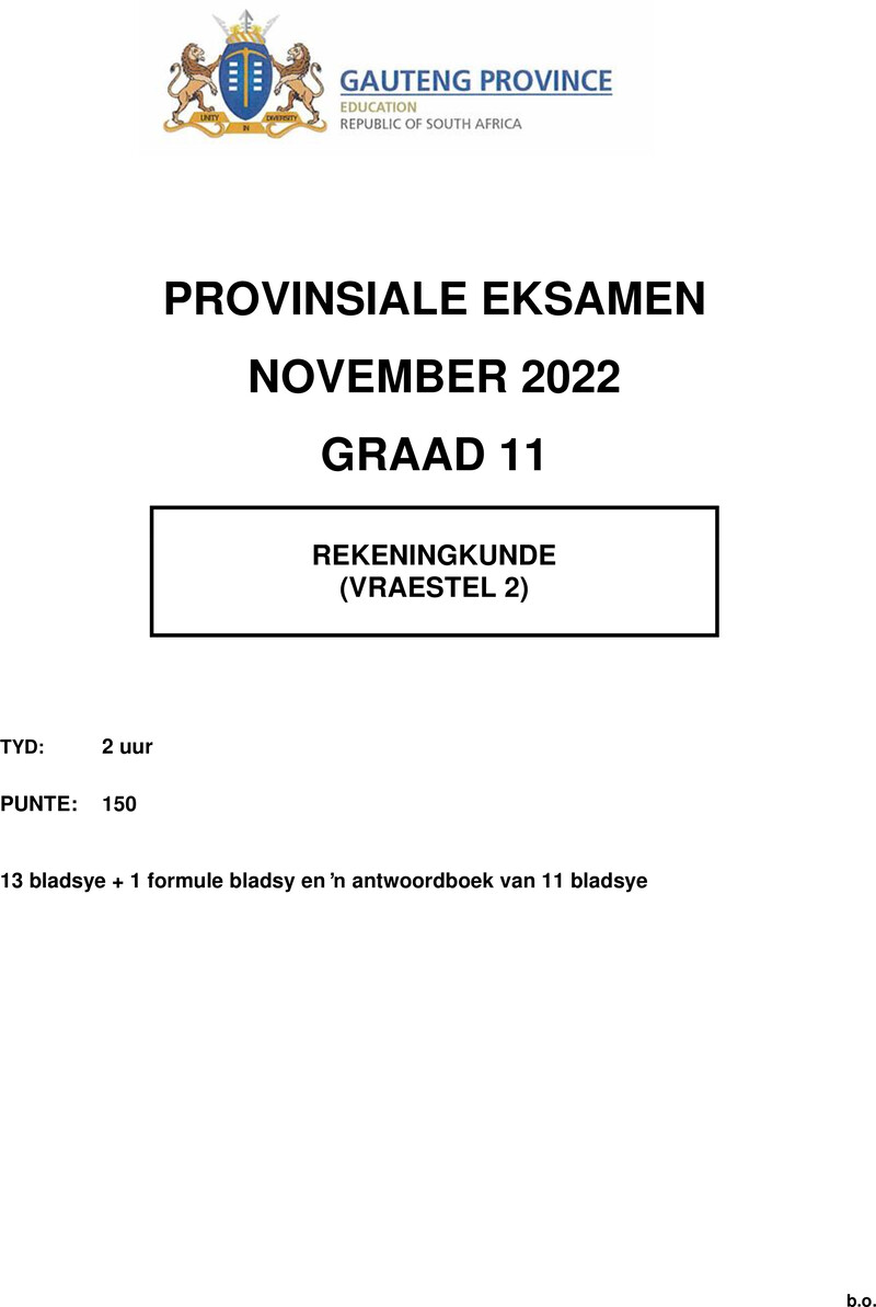 Grade 11 Provincial Exam Accounting P2 Afr November 2022 QP