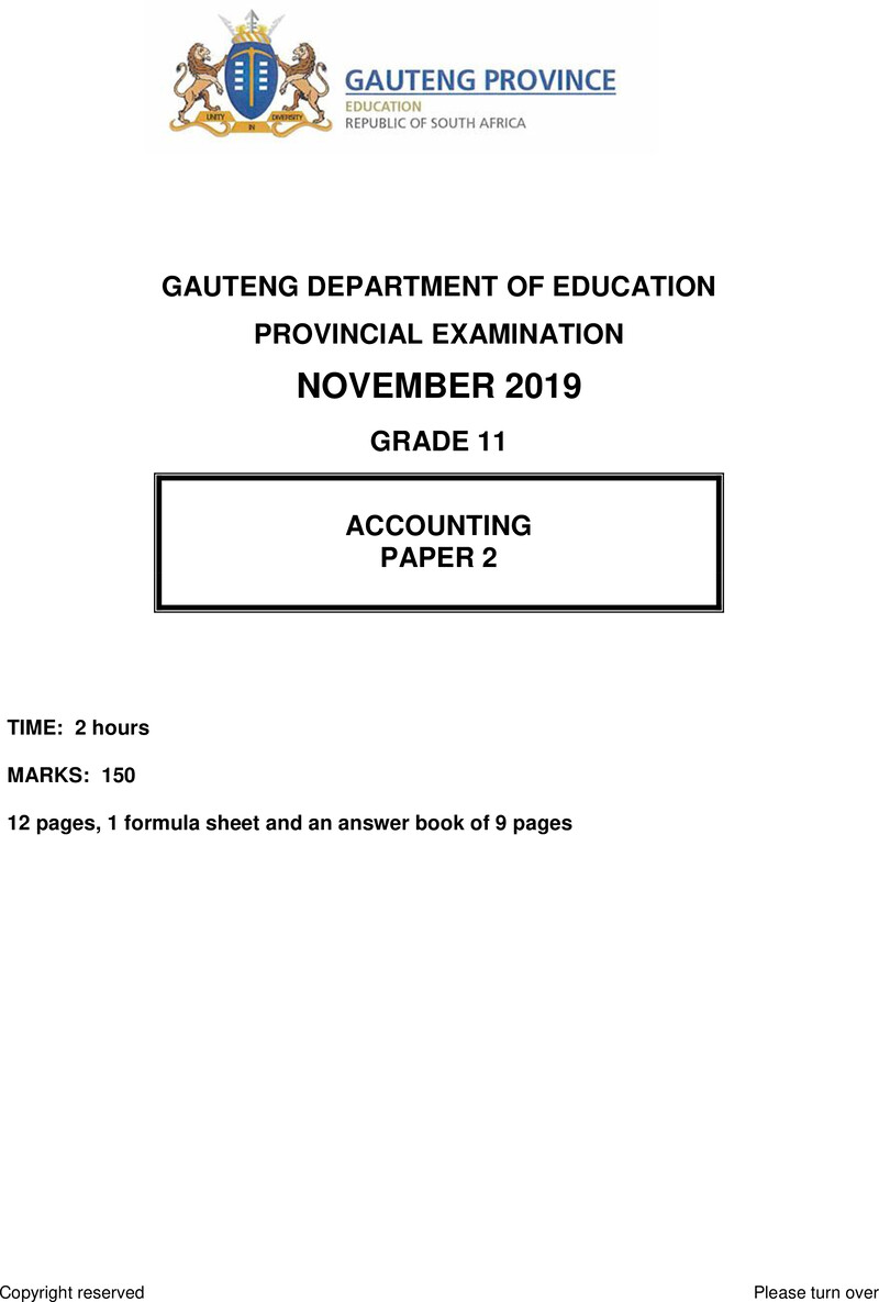 Grade 11 Provincial Exam Accounting P2 Ng November 2019 QP