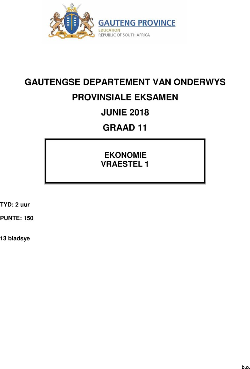 Grade 11 Provincial Exam Economics P1 Afr June 2018 QP