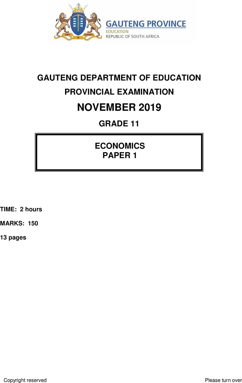 Grade 11 Provincial Exam Economics P1 Ng November 2019 QP