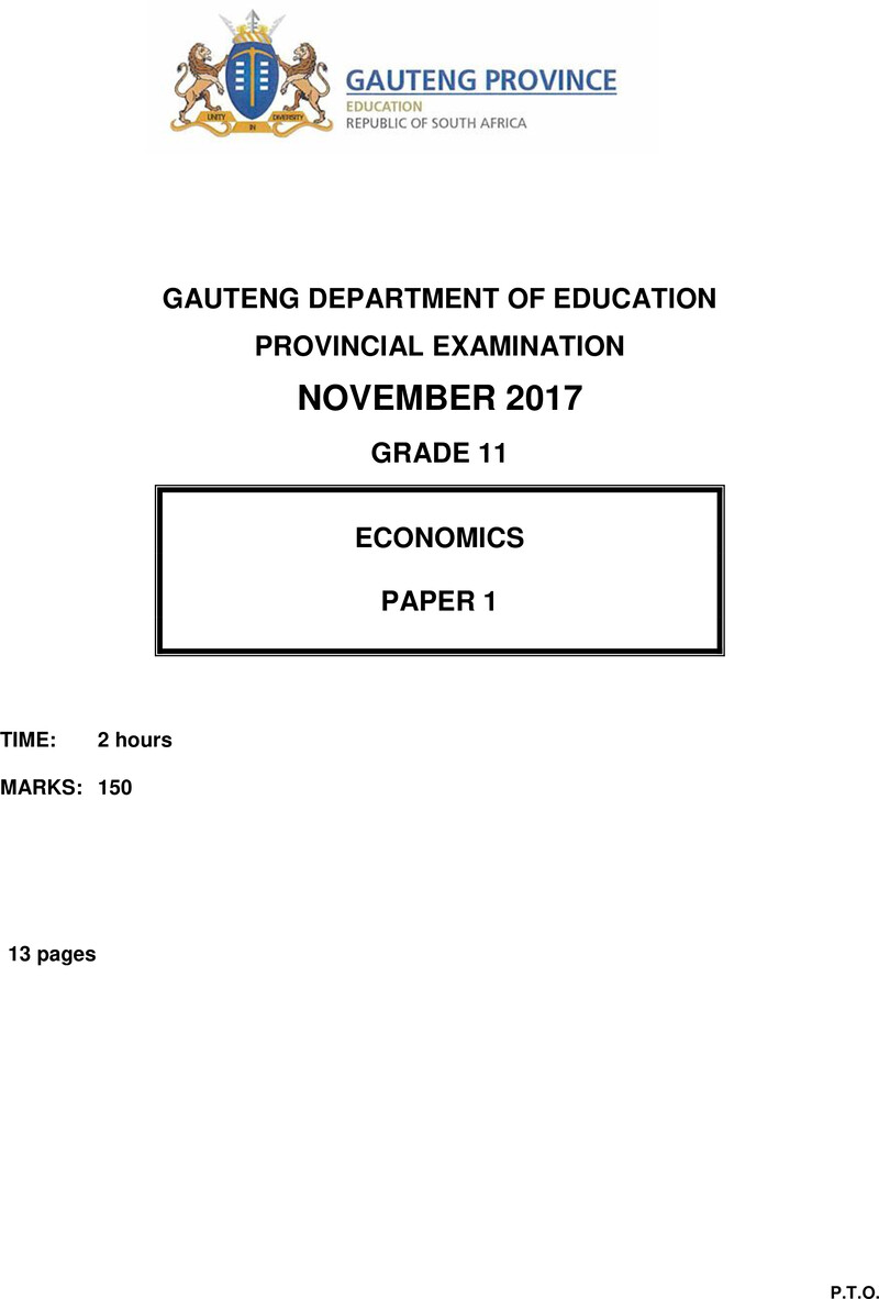Grade 11 Provincial Exam Economics P1 November 2017 QP