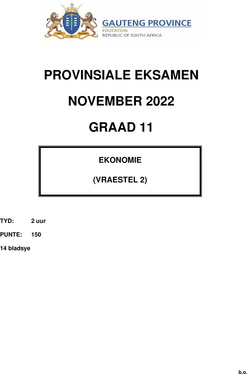 Grade 11 Economics past paper 2022 – grade 11 provincial exam economics p2 afr november 2022 qp
