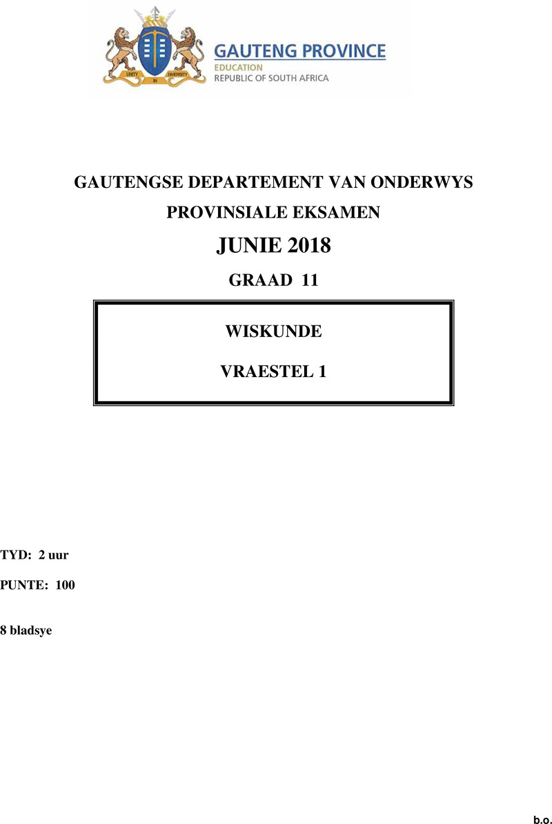 Grade 11 Provincial Exam Mathematics P1 Afr June 2018 QP