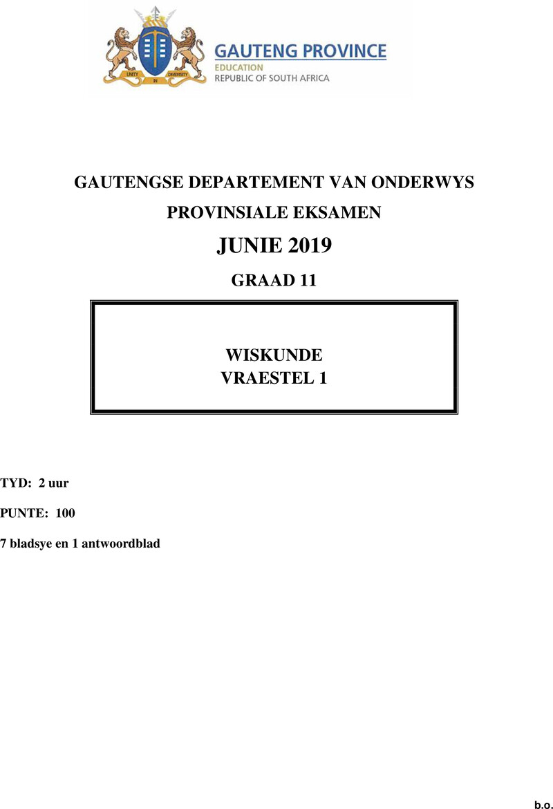 Grade 11 Provincial Exam Mathematics P1 Afr June 2019 QP
