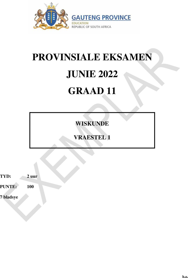Grade 11 Provincial Exam Mathematics P1 Afr June 2022 QP