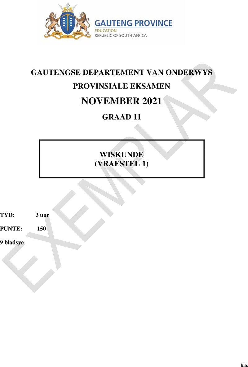 Grade 11 Provincial Exam Mathematics P1 Afr November 2021 QP