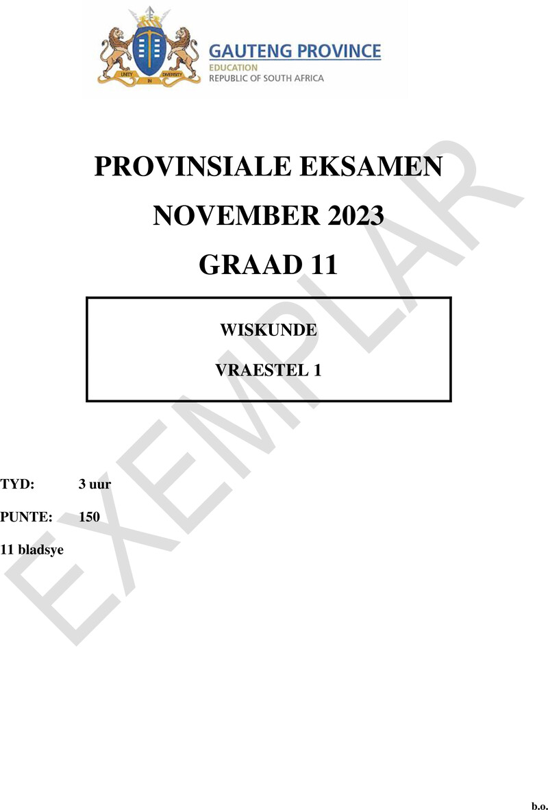 Grade 11 Provincial Exam Mathematics P1 Afr November 2023 QP