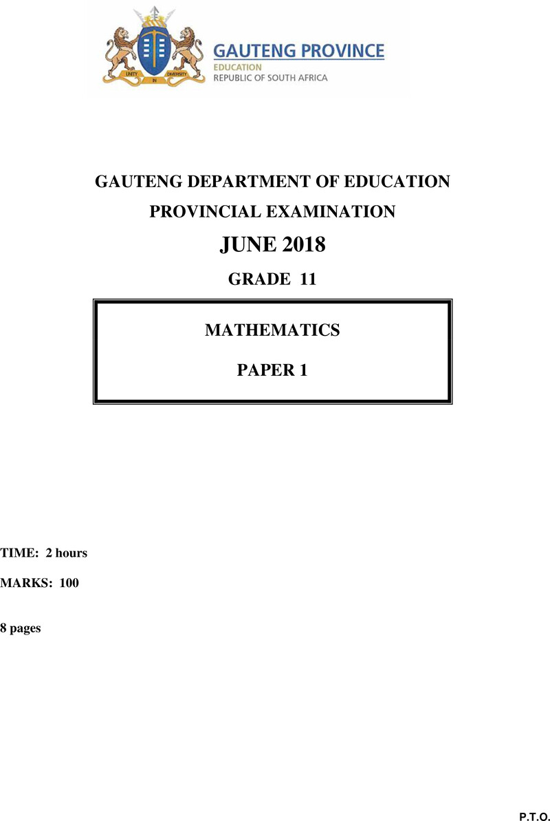 Grade 11 Provincial Exam Mathematics P1 June 2018 QP