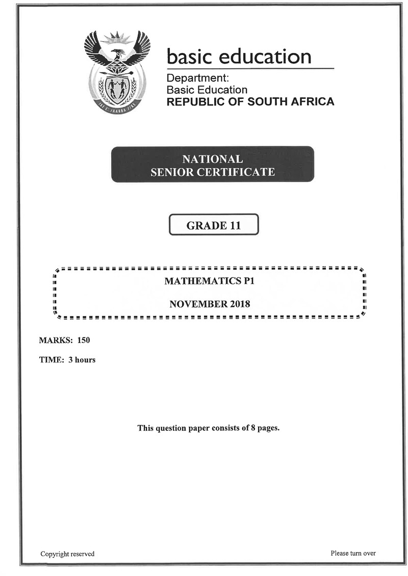 Grade 11 Provincial Exam Mathematics P1 Ng November 2018 QP