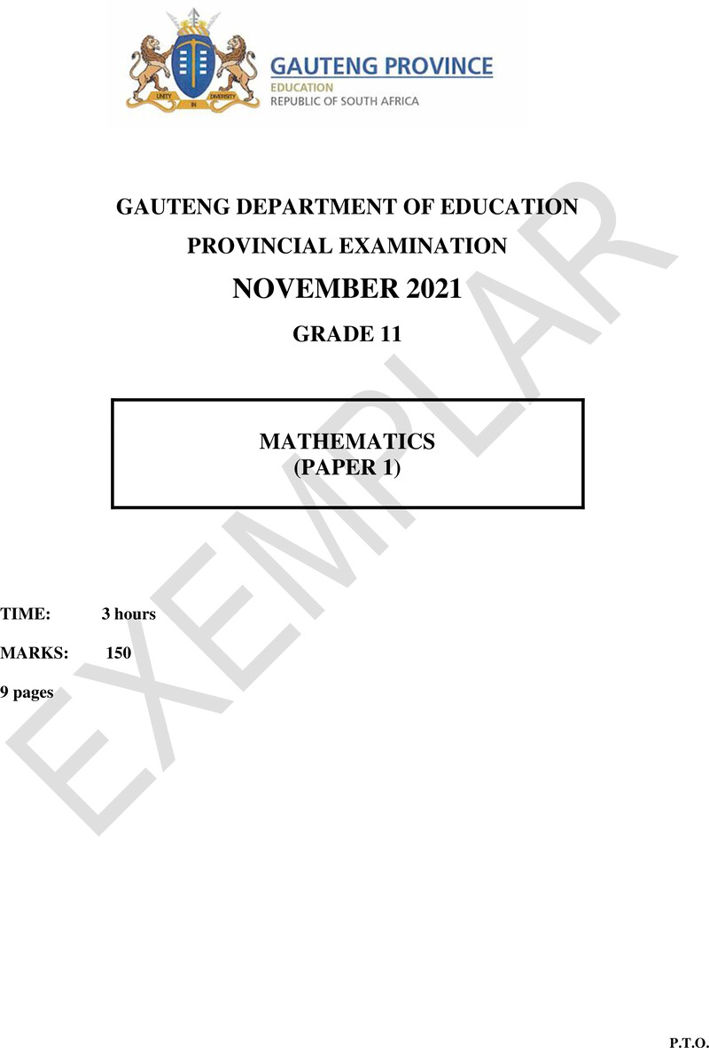 Grade 11 Provincial Exam Mathematics P1 Ng November 2021 QP