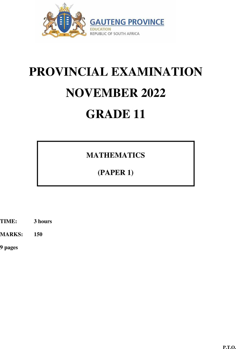 Grade 11 Provincial Exam Mathematics P1 Ng November 2022 QP