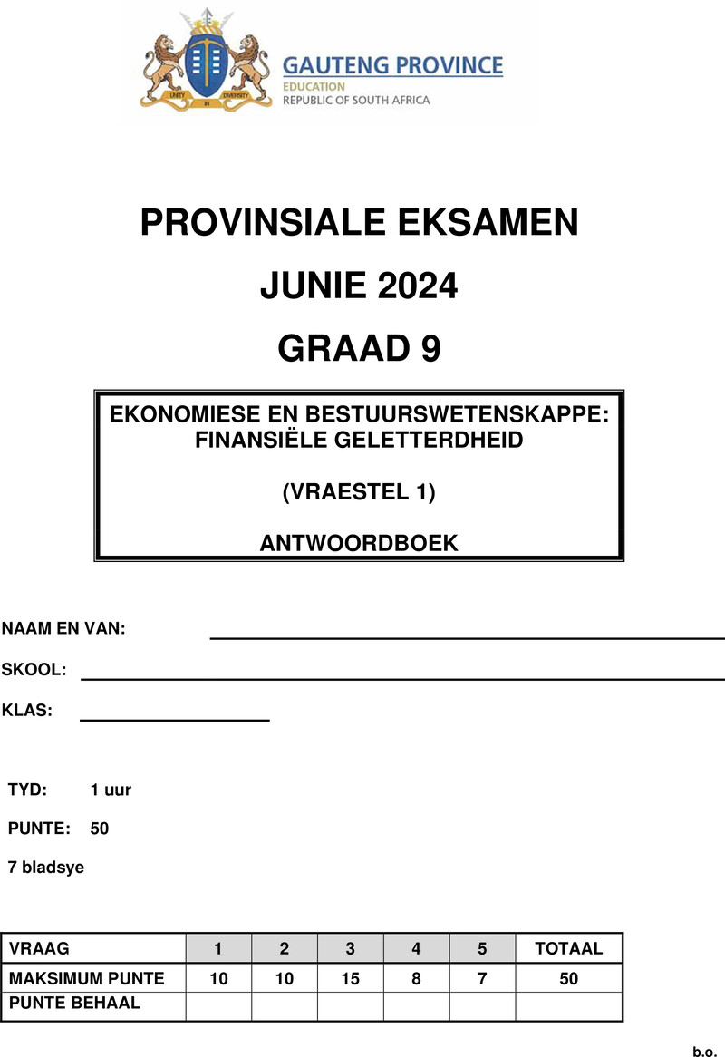 Grade 9 Provincial Exam Economics And Management Sciences P1 Afr June 2024 Answer Book
