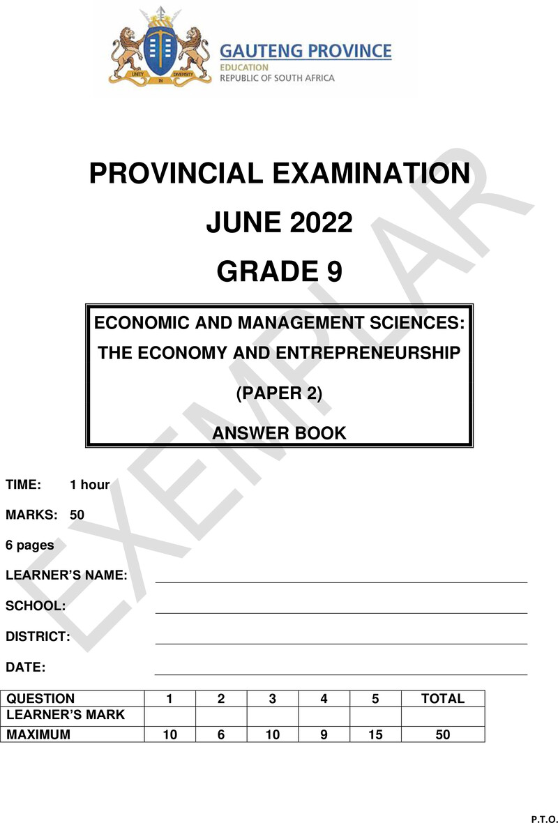 Grade 9 Provincial Exam Economics Management And Sciences P2 Ng June 2022 Answer Book