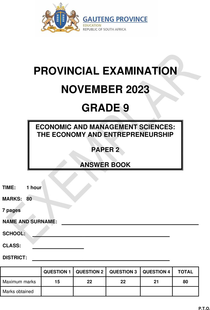 Grade 9 Provincial Exam Economics Management And Sciences P2 Ng November 2023 Answer Book